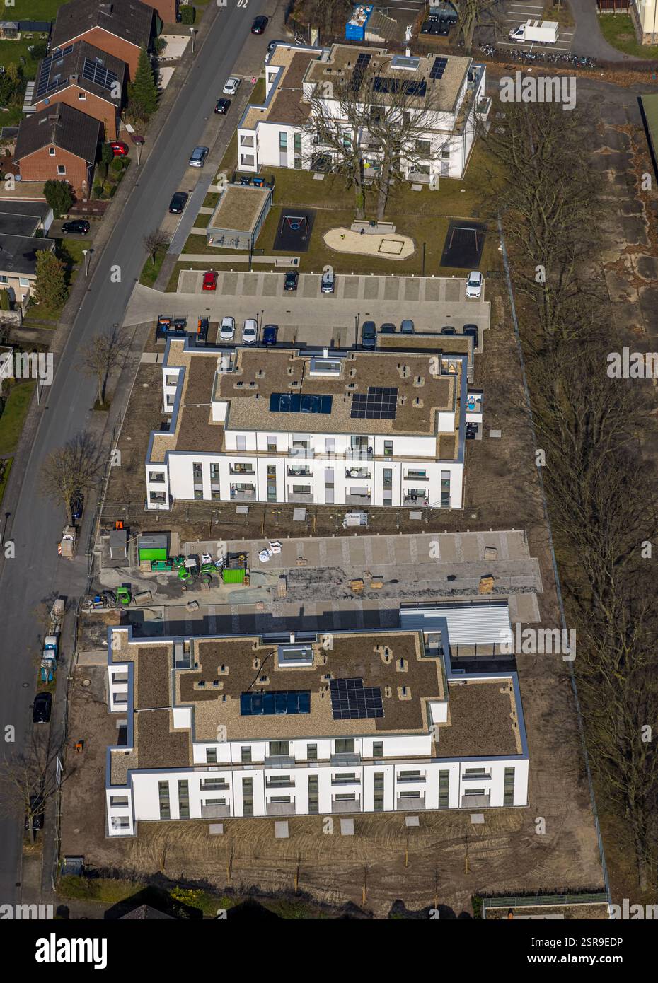 Luftaufnahme, Baustelle mit neuen Wohngebäuden in Schützenstraße, Uentrop, Hamm, Ruhrgebiet, Nordrhein-Westfalen, Deutschland Stockfoto