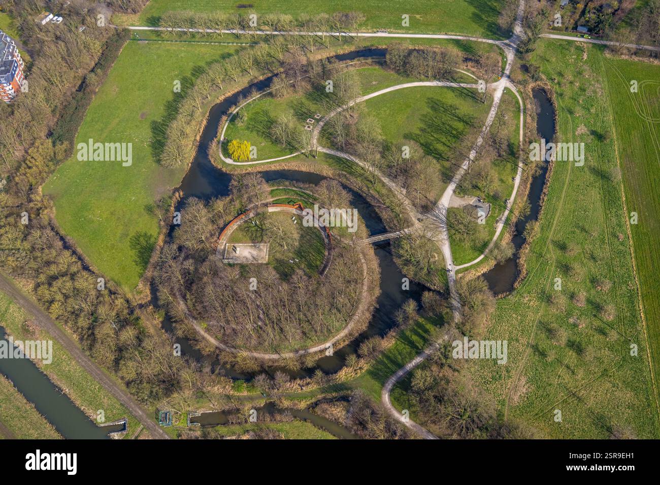 Aus der Vogelperspektive, Marker Burghügel, Burg Mark, Sehenswürdigkeit, Kulturgeschichte, Uentrop, Hamm, Ruhrgebiet, Nordrhein-Westfalen, Deutschland Stockfoto