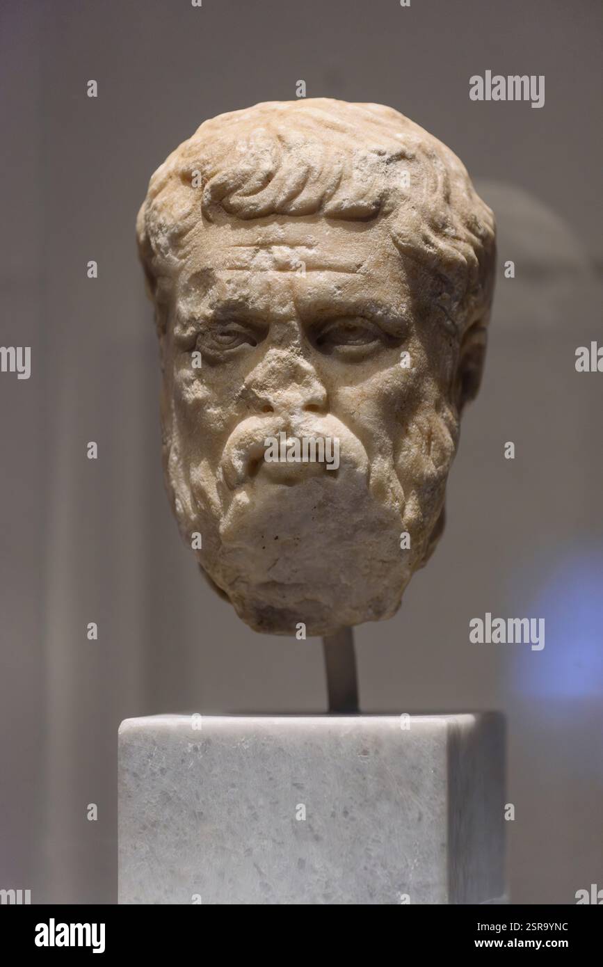 Athen. Griechenland. Portraitkopf des Philosophen Platon. Nationales Archäologisches Museum von Athen. Römische Kopie eines Originals des Bildhauers Silanion Stockfoto