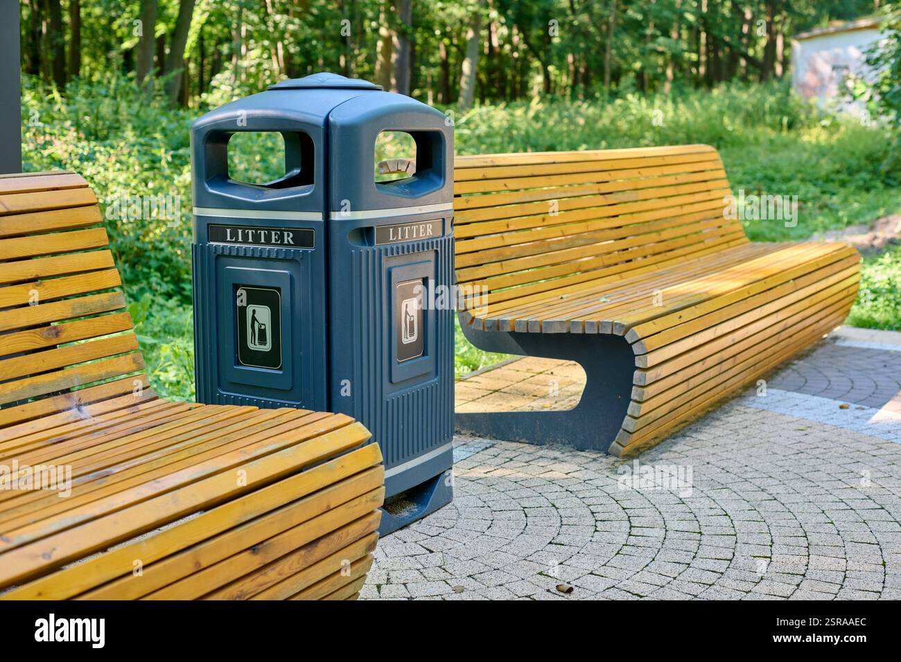 Holzbänke und moderner Abfallbehälter in ruhiger Parkumgebung bieten Komfort und Sauberkeit, umgeben von lebendigem Grün, perfekt zum Entspannen Stockfoto