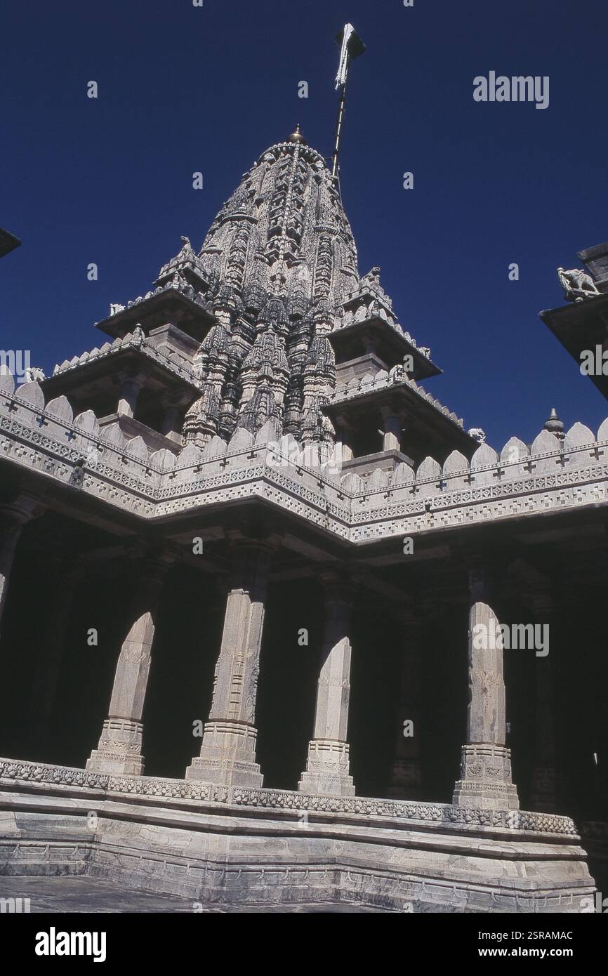 Reich symmetrische Blick auf Parshavanath Tempel Ranakpur, Rajasthan, Indien, Asien geschnitzt Stockfoto