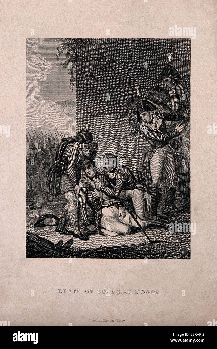 Die zahlenmäßig unterlegenen britischen Truppen, angeführt von Sir John Moore, mussten sich in ganz Spanien zurückziehen, um sich in Coruna auf Schiffe der Royal Navy zu begeben. Die britischen Schiffe waren nicht da, als die Armee eintraf, und so musste die Einschiffung während eines Kampfes durchgeführt werden. Die Briten hielten die Franzosen ab und die Evakuierung war erfolgreich, aber Sir John Moore wurde dort getötet. Die Schlacht ist bekannt als die Schlacht von Corunna und die Schlacht von Elviña in Spanien. Diese Abbildung zeigt den tödlich verletzten Sir John, der gepflegt wird. Stockfoto