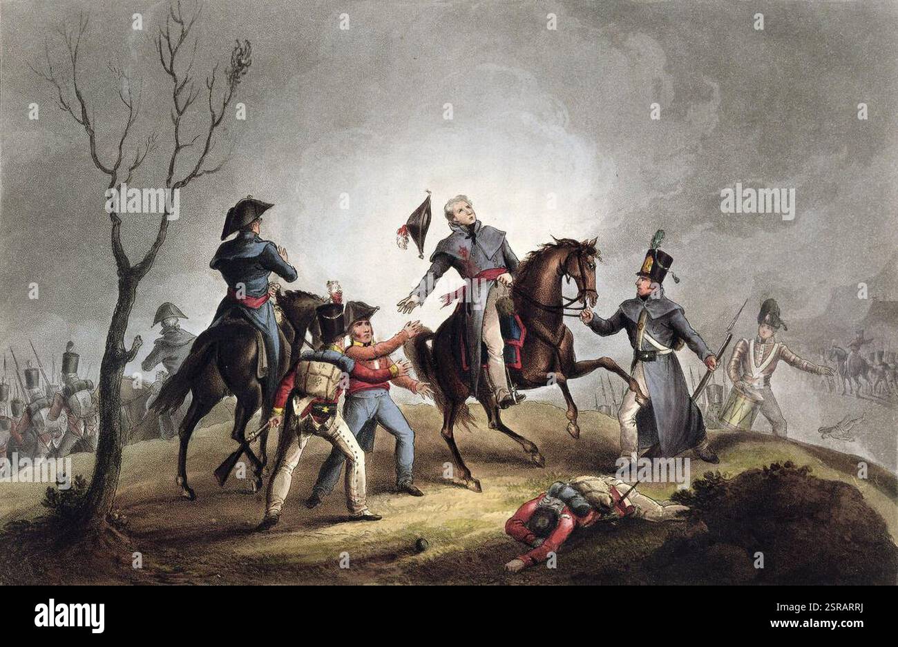 Tod von Sir John Moore, La Coruna, Spanien, 17. Januar 1809. Moore kommandierte die britischen Truppen in der Schlacht von Corunna (La Coruna) während des Halbinsel-Krieges. Nach dem Rückzug aus einer viel größeren französischen Armee unter Marschall Soult konnten die Briten die Franzosen lange genug abhalten, um auf dem Seeweg evakuiert zu werden. Moore wurde in der Schlacht tödlich verwundet und um Mitternacht in der Zitadelle von La Coruna begraben. Stockfoto