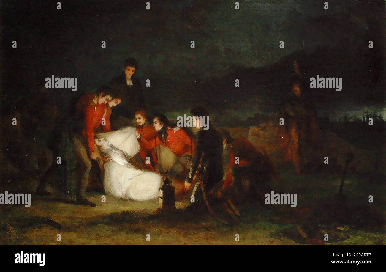 Die Beerdigung von Sir John Moore nach Corunna gemalt von George Jones. Moore kommandierte die britischen Truppen in der Schlacht von Corunna (La Coruna) während des Halbinsel-Krieges. Nach dem Rückzug aus einer viel größeren französischen Armee unter Marschall Soult konnten die Briten die Franzosen lange genug abhalten, um auf dem Seeweg evakuiert zu werden. Moore wurde in der Schlacht tödlich verwundet und um Mitternacht in der Zitadelle von La Coruna begraben. Stockfoto