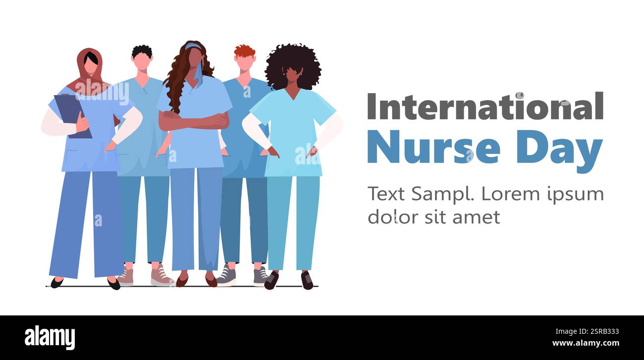 Internationaler Schwesterntag. Grosse Schwesterngruppe. Mediziner stehen zusammen. Modernes Illustrationskonzept für Website-Entwicklung, Social Media, Stockfoto