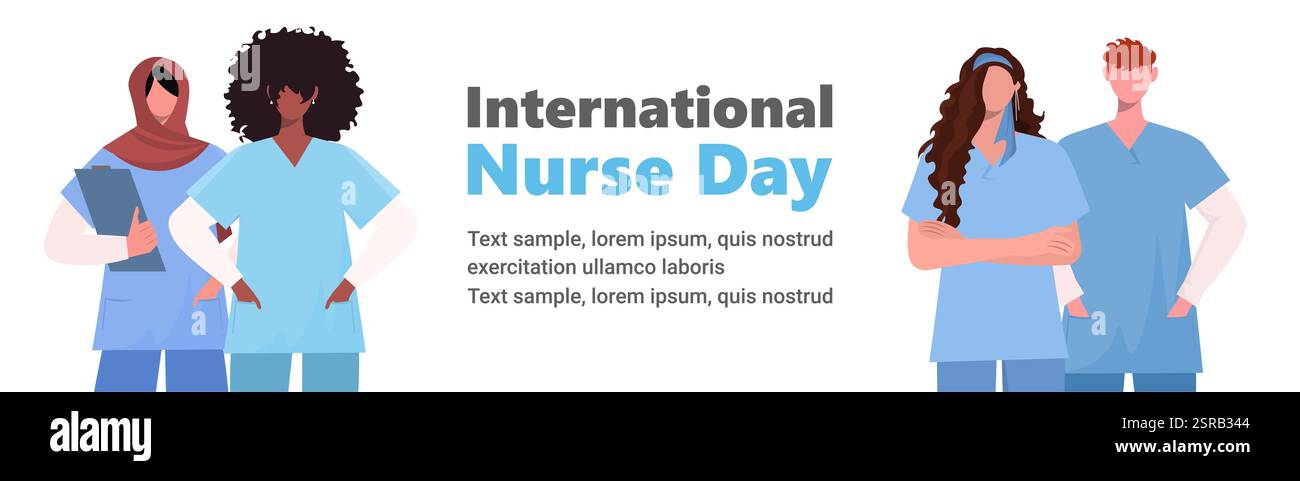 Internationaler Tag Der Krankenschwestern 12. Mai. Junge Krankenschwestern und männliche Krankenschwestern in medizinischen Uniformen. Medizin- und Gesundheitskonzept. Vektorabbildung Stockfoto