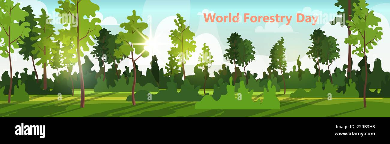 Weltforsttag. Sommer-Naturlandschaft mit Wald, grünem Gras, Bäumen, Sträuchern, Himmel und Wolken. Gesamtstruktur Speichern. Abbildung für Websites Stockfoto