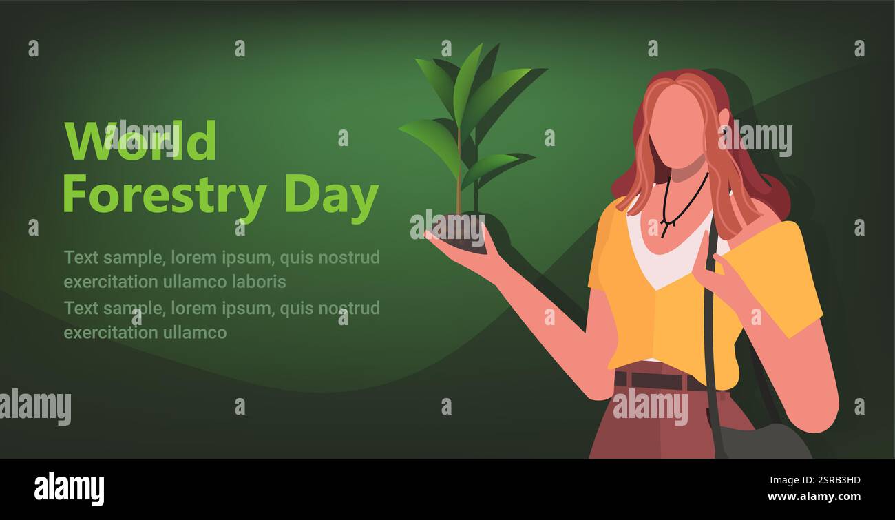 Weltforsttag. Eine junge Frau, die eine Pflanze in der Hand hält, symbolisiert die Bedeutung des Waldschutzes und der Natur. Diese Geste hebt c hervor Stockfoto