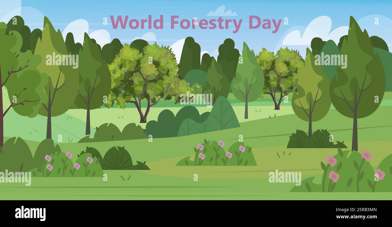 Weltforsttag. Sommerlandschaft, Natur mit Bäumen, grünem Gras, Sträuchern, Blumen, Himmel und Wolken. Nützlich für das Bewusstsein für den Schutz der Wälder und Stockfoto