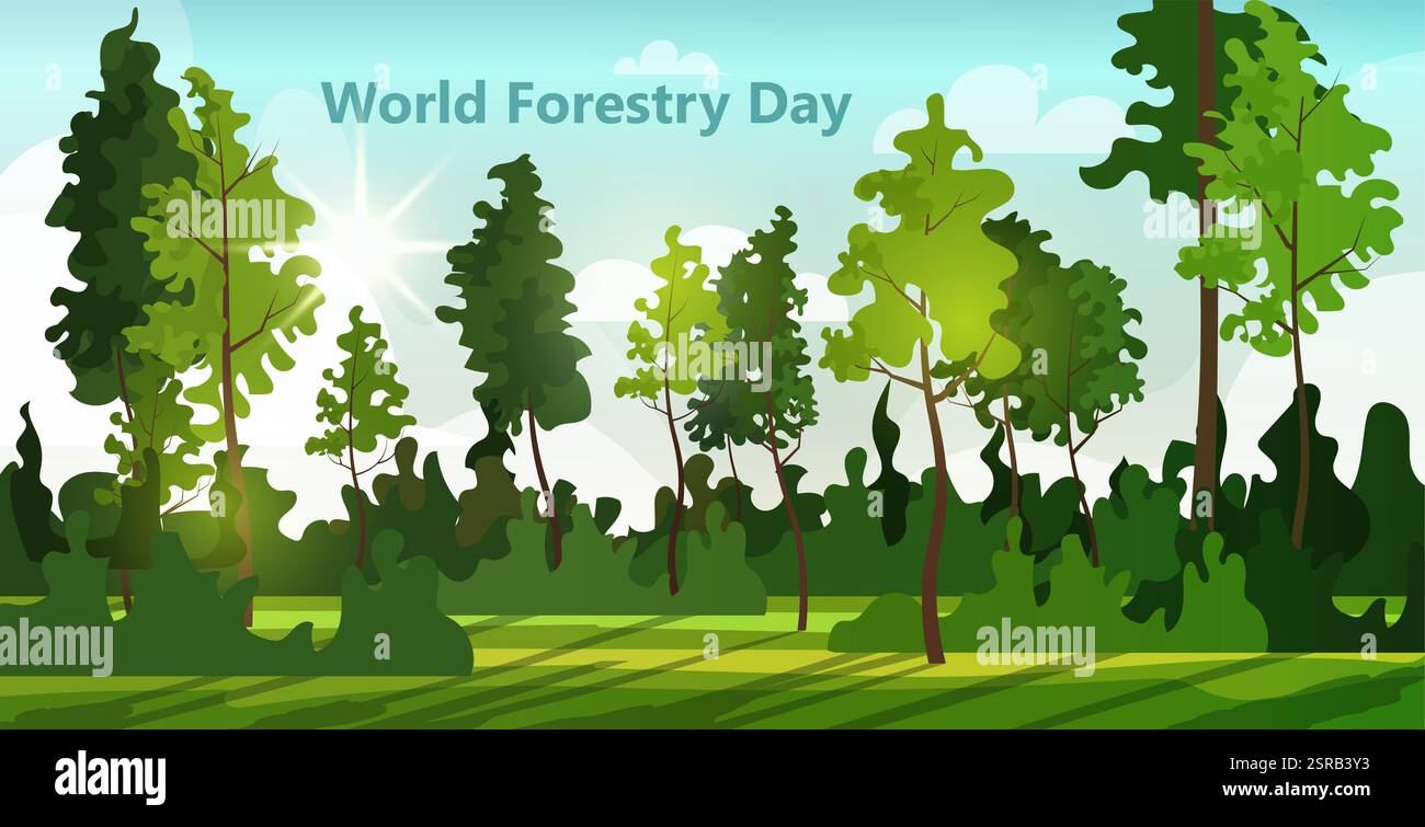 Weltforsttag am 21. März. Sommer-Naturlandschaft mit Wald in der hellen Sonne, die durch die Bäume scheint. Wir müssen die Natur retten. Vektor Stockfoto