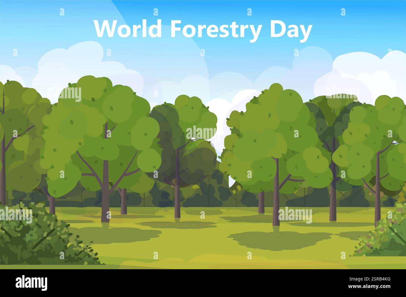 Am 21. März wird der Weltforsttag begangen. Waldlandschaft im Sommer. Illustration für Websites, Hintergrundbild und Hintergrund für Awareness-Post Stockfoto