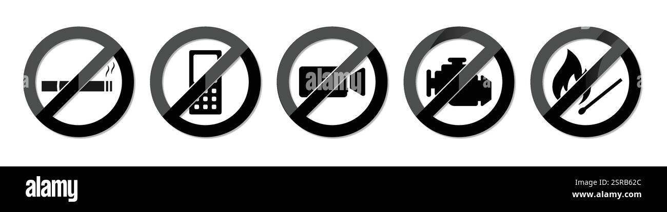 Rauchverbotsbereich, kein Feuer, kein Handy, Stoppen des Motors Verbotssymbol. Symbolsatz für Sicherheitsregeln für die Kraftstoffpumpe. Warnschild für Gas und Erdöl. Stock Vektor