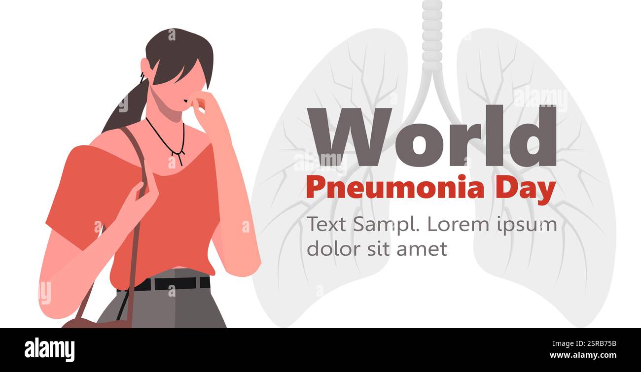 Welttag Der Pneumonie. Junge Frau in lässiger Kleidung Unwohlsein, Brustschmerzen und Husten als Symptom für Erkältung, Bronchitis oder Lungenentzündung. Vektorillust Stockfoto