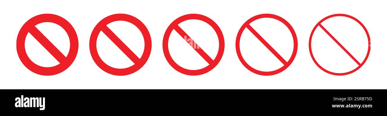 Rote Ban-, Verbots- und Verbotssymbole mit unterschiedlicher Schlagintensität. Vektorsatz für Verbotssymbole isoliert auf weißem Hintergrund. Stock Vektor