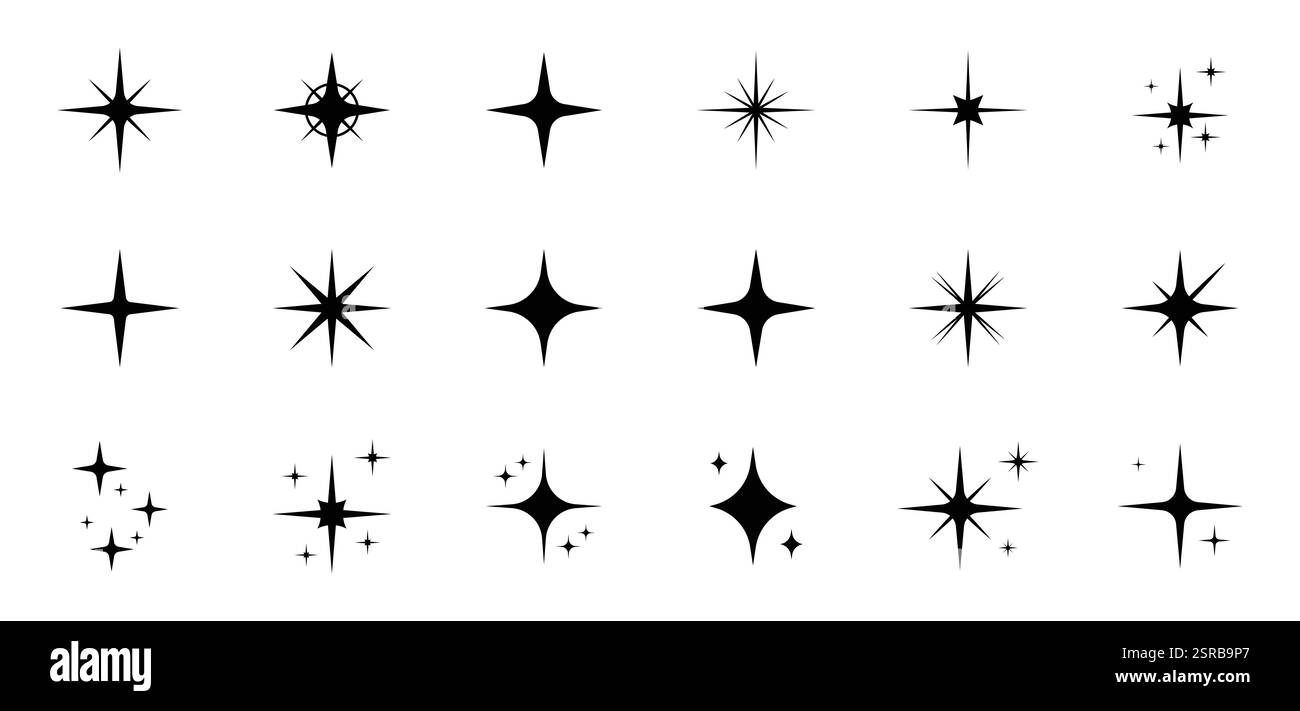 Glanz Stern Glitzer Vektor Set. Funkelnde Sternsymbole. Glanzsymbol. Sterne funkeln Kritzelvektor. Legen Sie den Vektor für die Symbole des Glitzersterns fest. Stock Vektor