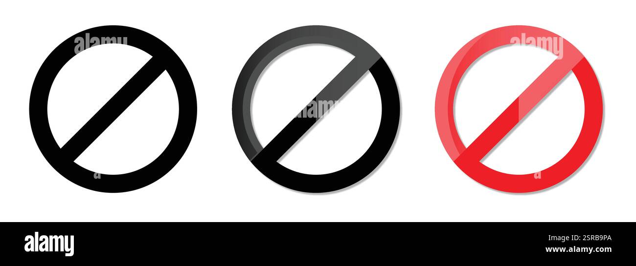Set aus Sperrsymbol in Schwarz und Rot im Hochglanzstil. Rauchverbot, Verbot, verbotene Schilder. Rotes Nein- oder Verbotssymbol. Vektorabbildung. Stock Vektor