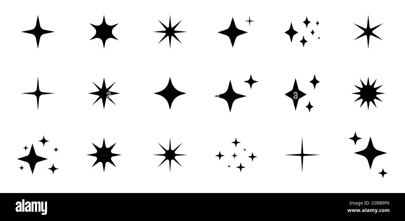 Doodle Glitzer Vektor Set, Sunburst, Starburst, Hand gezeichnete Elemente Illustration, schwarze Linien, Umriss, dekorativ. Stock Vektor