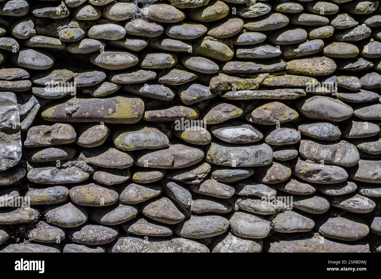 Nahaufnahme einer verwitterten Steinmauer mit verschiedenen Formen und Texturen. Sonnenlicht hebt natürliche Töne hervor und betont die robuste Oberfläche. Moss ergänzt ag Stockfoto