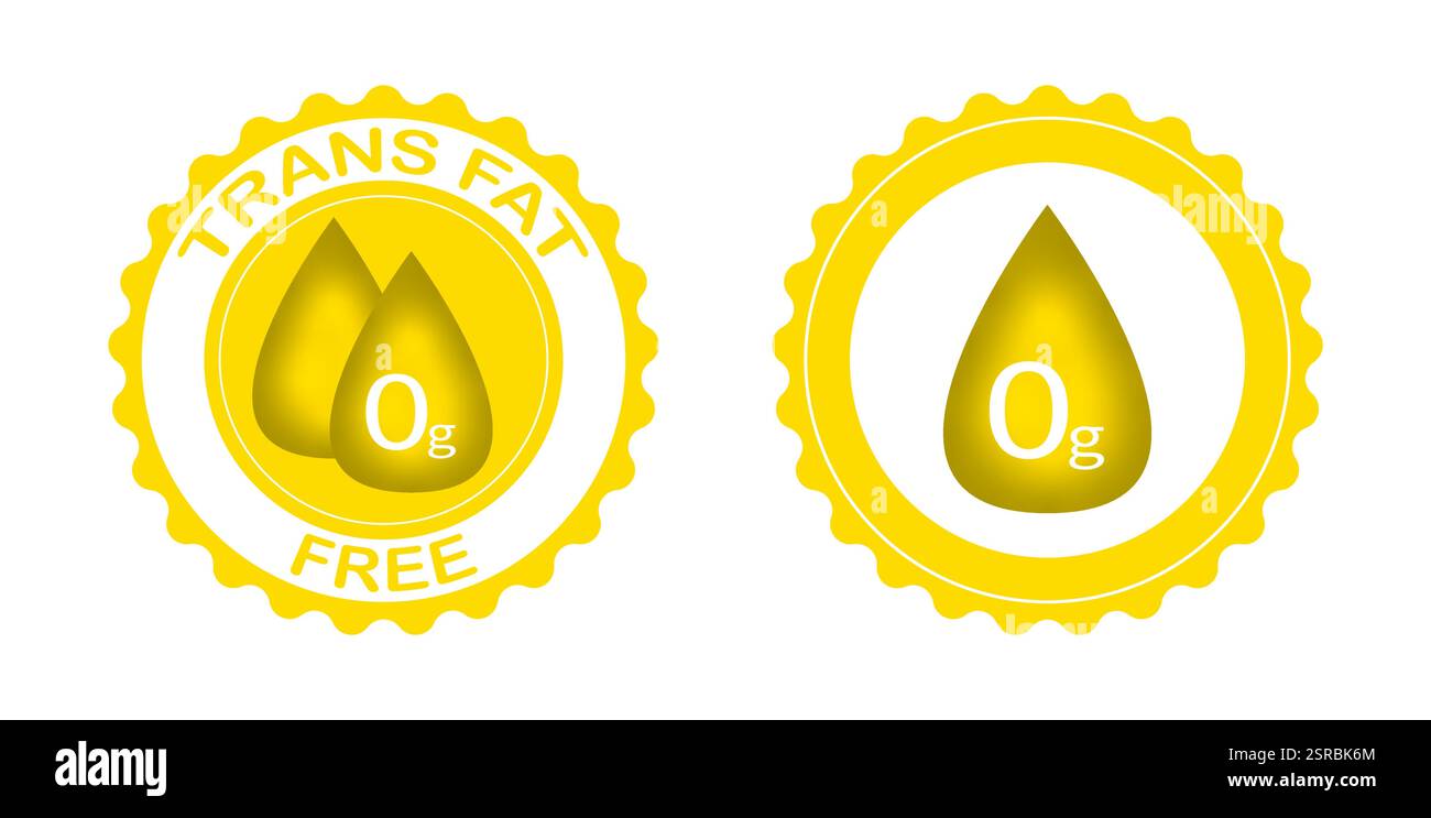 Zwei gelbe Siegel mit weißem Text und einer gewellten Kante. Beide Dichtungen weisen einen gelben Tropfen mit dem Text 0g auf. Die linke Dichtung hat auch zwei Stock Vektor