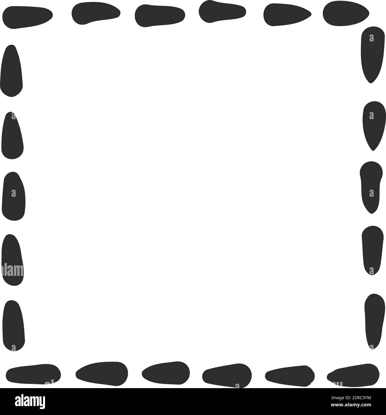 Einfacher quadratischer Rahmen aus kleinen schwarzen unregelmäßigen Formen, die eine gepunktete Linie bilden, isoliert auf weißem Hintergrund, ideal für einen Hauch von Einfachheit Stock Vektor
