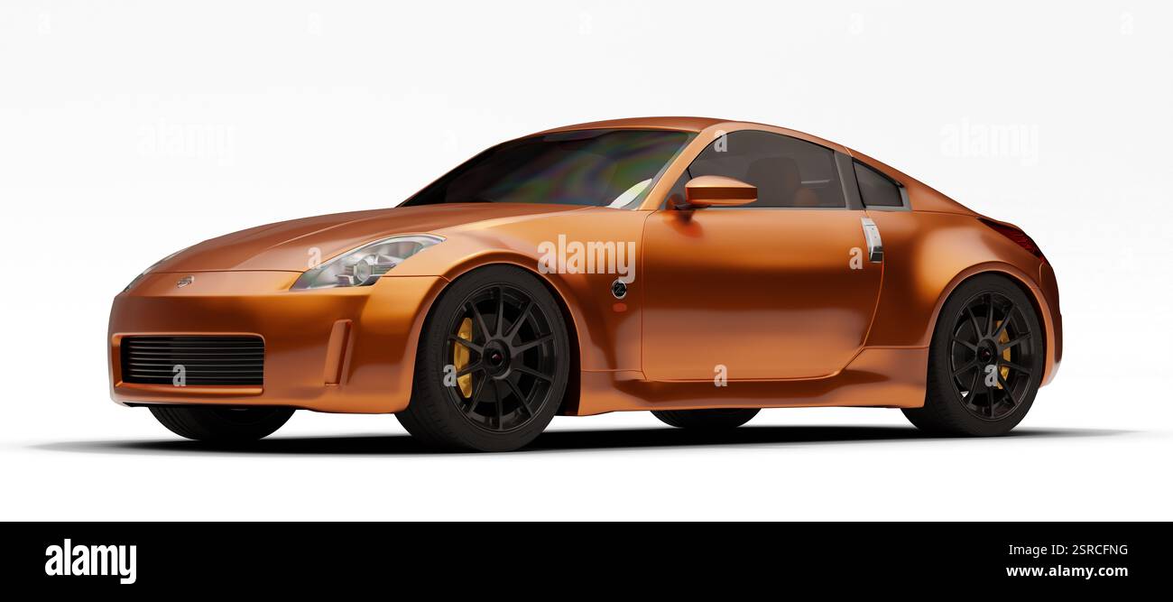 Izmir, Türkei - 15. Februar 2025: Ein 3D-gerendertes Bild eines orangen Nissan 350Z Sportwagens, das seine linke Seite und die leichte Vorderansicht vor einem sauberen zeigt Stockfoto