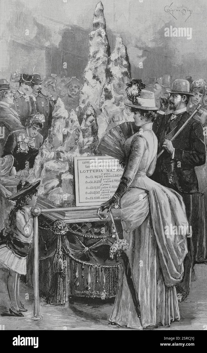 Geschichte Italiens. Italienische Allgemeine Ausstellung in Turin 1884. Vom 26. April bis 17. November 1884 in Turin abgehalten. Lotteria Nazionale (Nationale Lotterie). Goldener Berg. Besucher der Ausstellung sehen das Schild mit den fünf besten Preisen. Gravur. Die spanische und amerikanische Illustration (La Ilustración Española y Americana). November 1884. Stockfoto