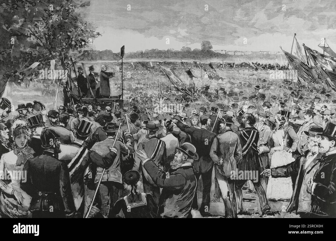 Reform des englischen Wahlsystems. Dritter Reformakt, 1884. Es wurde kein allgemeines Franchise eingeführt, obwohl das Wahlrecht auf dem Land und in den Städten ausgeglichen wurde. Große Volksversammlung gegen das House of Lords, die am 19. Juli 1884 in Hyde Park (London) stattfand, als die Lords gegen das neue Gesetz stimmten. Der Deputy Mr. Bright, der sich aus dem politischen Leben zurückziehen wollte, kündigte der Menge an, dass er in seinem Ehrensitz bleiben werde, um wieder einmal den "guten Kampf", den großen Kampf um die Freiheit zu kämpfen. Zeichnung von Manuel Alcázar. Stich von Bernardo Rico (1825-1894). Die spanische und amerikanische Illustration Stockfoto