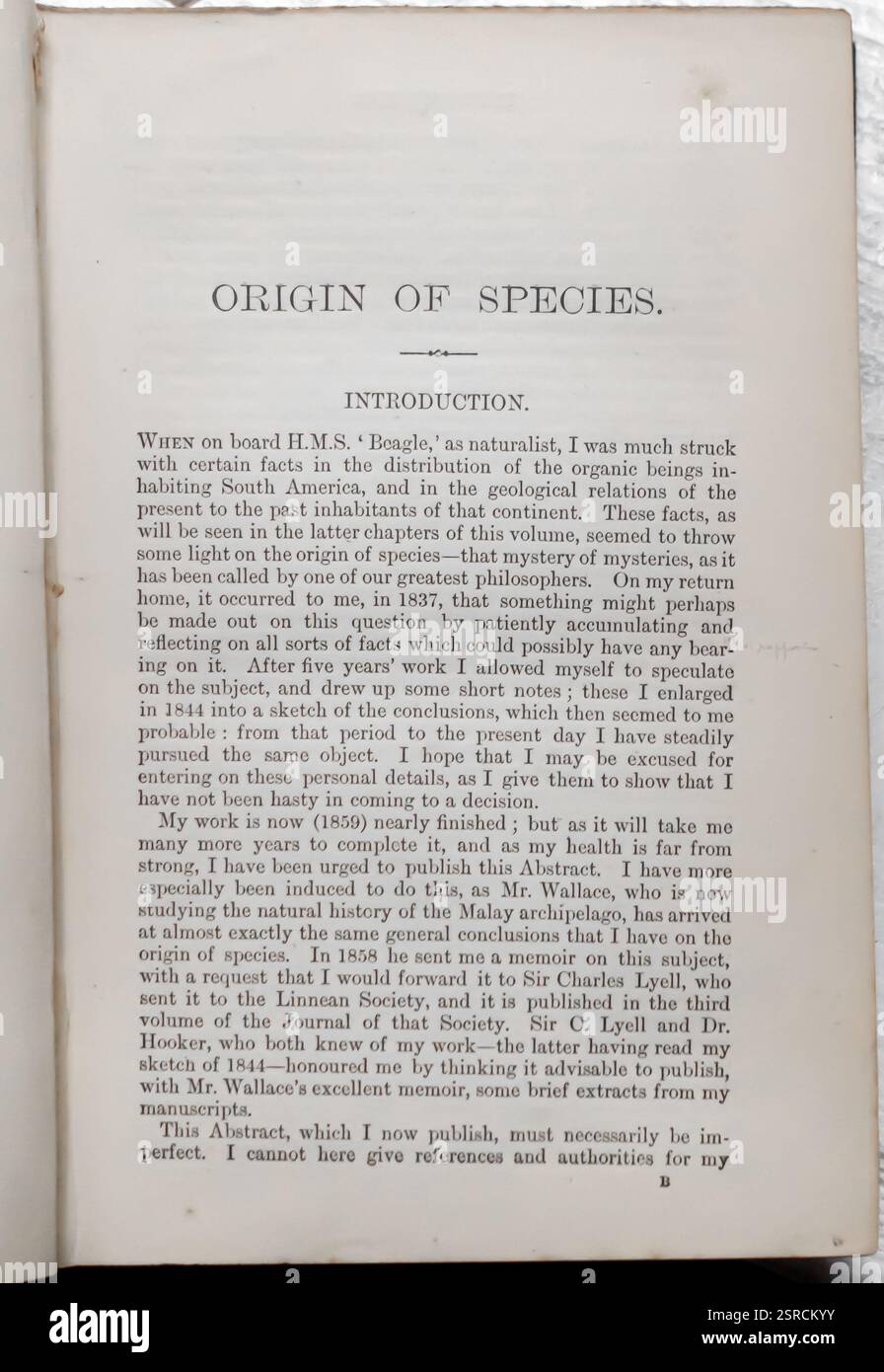 Charles Darwin - Origin of Species, John Murray Edition, London UK, 1899 - Einführung Stockfoto