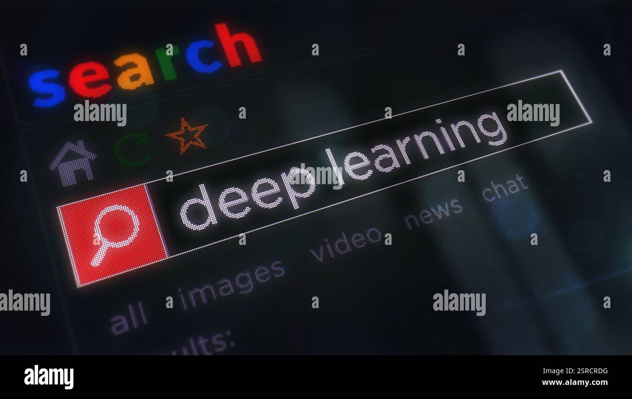 Deep Learning künstliche Intelligenz und maschinelles Lernen von Texteingaben auf dem Browserbildschirm. Internetsuche mit der Makroansicht der Monitorpixelanzeige. Stockfoto