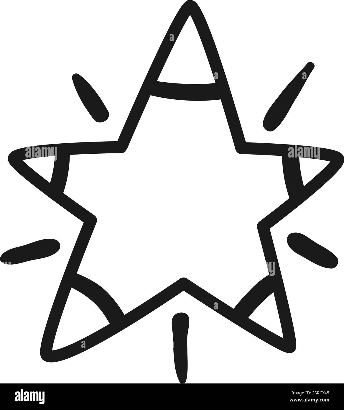 Ein einfacher, handgezeichneter Stern funkelt mit strahlenden Linien und vermittelt ein Gefühl von Licht, Positivität und kindlichem Staunen. Perfekt, um jedem Projekt einen Hauch von Laune zu verleihen Stock Vektor