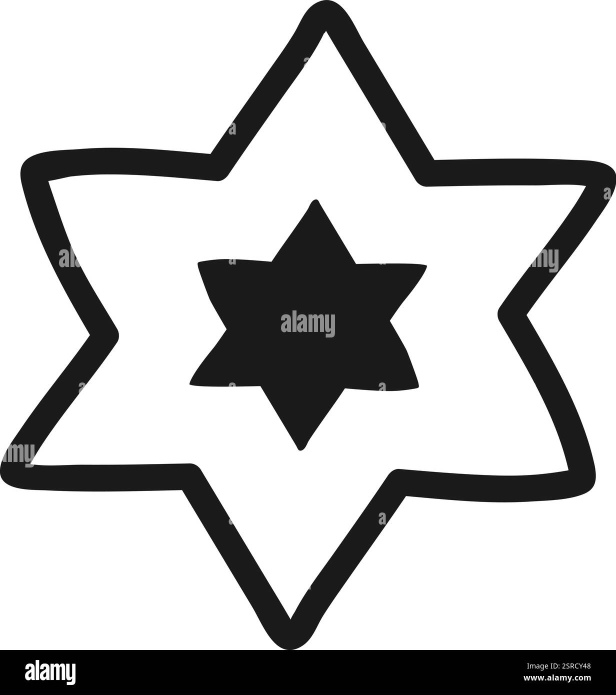Handgezeichnete Illustration mit einem prominenten Davidstern, eingebettet in einen größeren Stern, symbolisiert eine starke Verbindung zum jüdischen Erbe, Glauben und kultureller Identität Stock Vektor