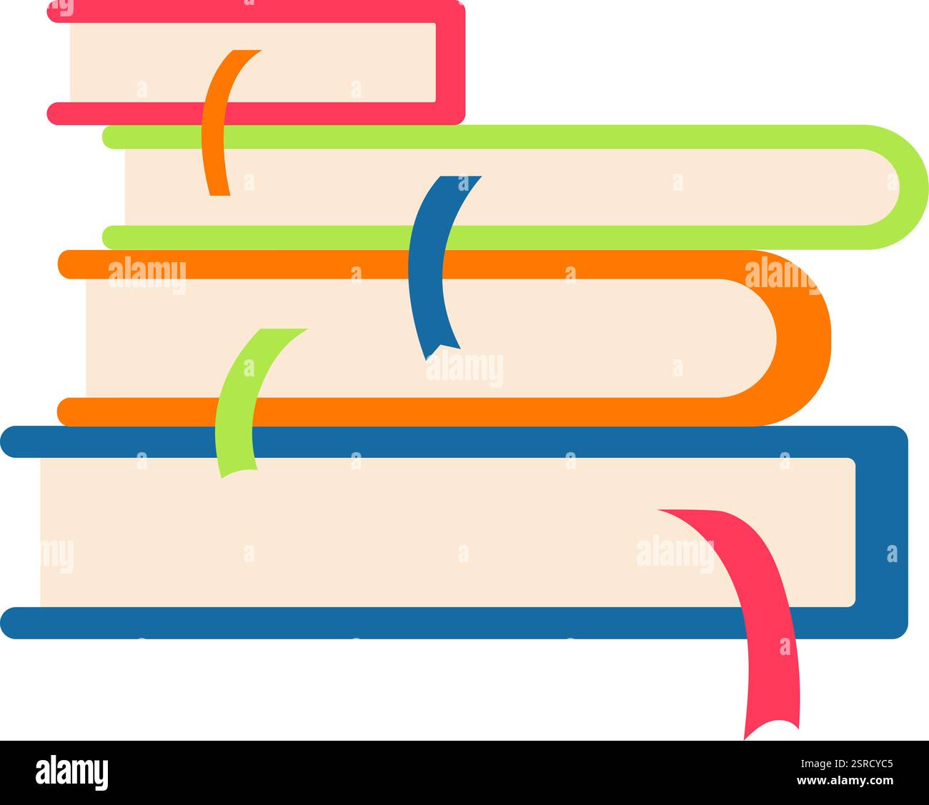 Vier hoch gestapelte Bücher mit Lesezeichen laden zum Eintauchen in faszinierende Geschichten ein und entdecken die endlosen Bereiche des Wissens und der Fantasie Stock Vektor