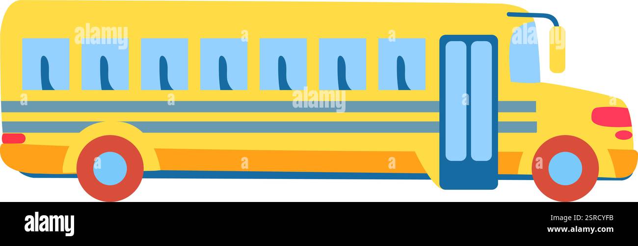 Gelber Schulbus mit offener Tür, der darauf wartet, dass die Schüler zur Schule oder zu Hause gehen. Seitenansicht eines Busses, der die Schüler zur Schule, Hochschule oder Universität transportiert Stock Vektor