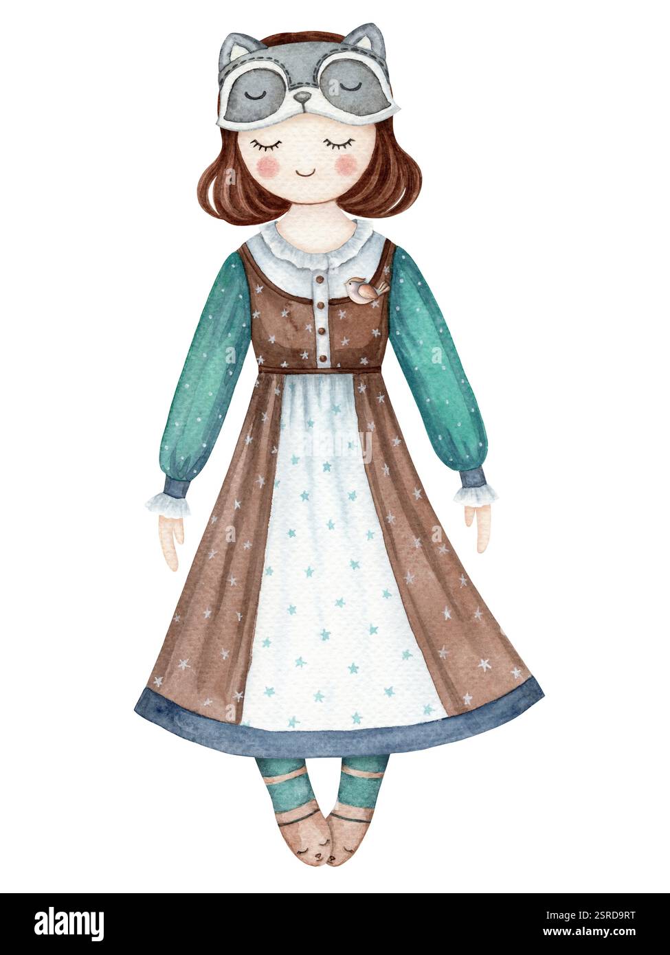 Schlafendes Mädchen im Nachthemd und Waschbär Schlafmaske nette Baby-Illustration im Cartoon-Stil. Handgezeichneter Aquarellcharakter für Kinder. Perfekt für Stockfoto