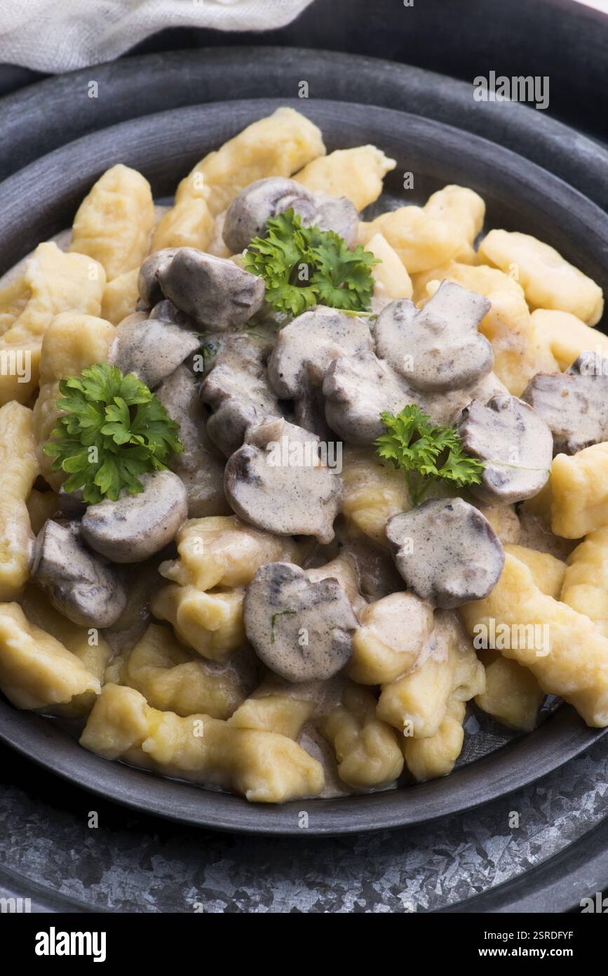 Gnocchi mit Pilzcreme-Sauce Stockfoto