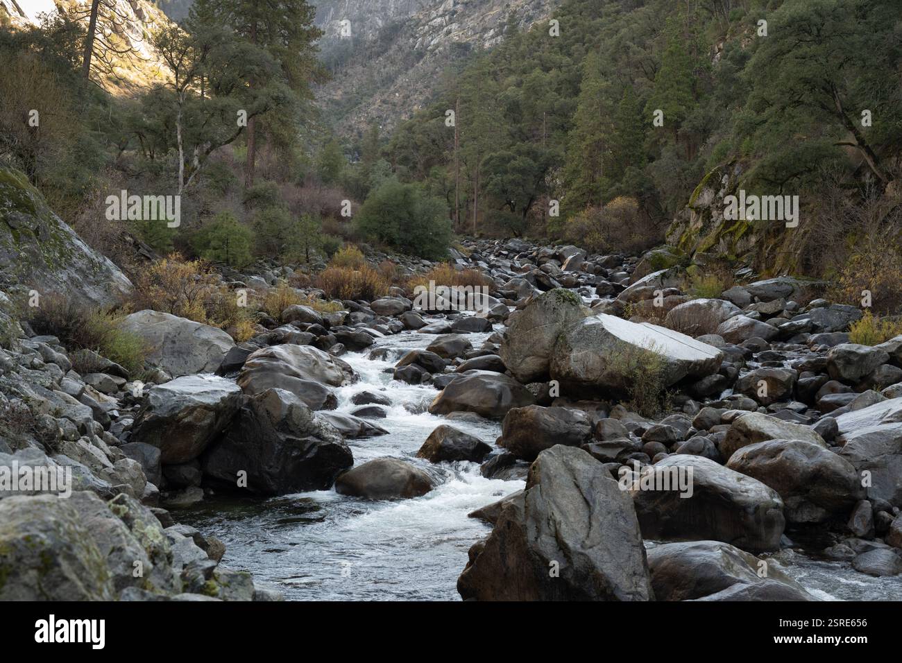 Der schnell fließende Merced River, der Yosemite-Nationalpark, CA. Wasser kaskadiert über Granitfelsen. Stockfoto