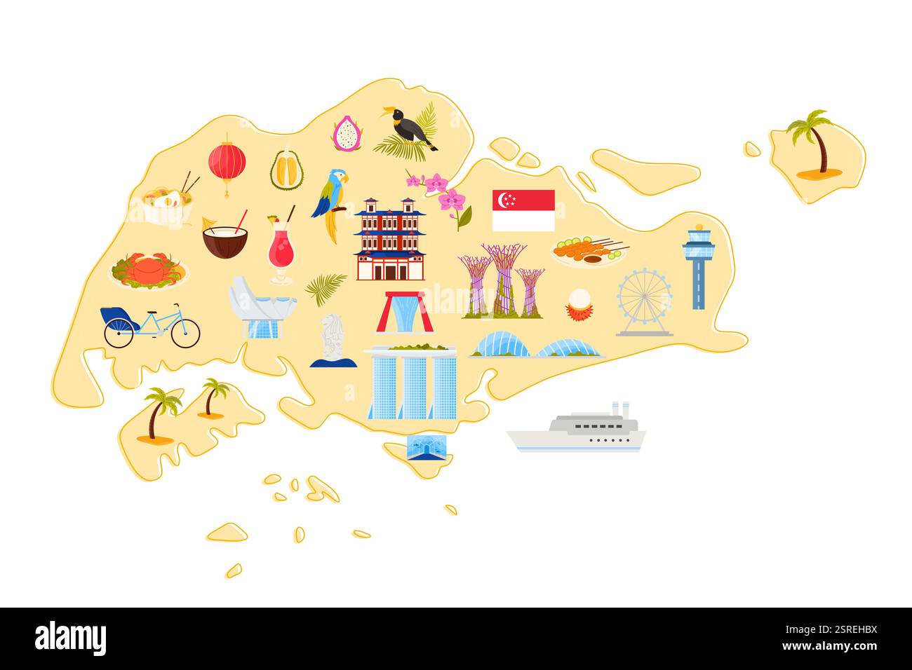 Singapur Reisekarte mit Kultur- und Naturelementen, Tieren und traditionellem Essen, architektonischen Wahrzeichen. Buddha-Zahn-Relikt-Tempel, Gärten und Yachthafen Bucht Gebäude Cartoon Vektor Illustration Stock Vektor