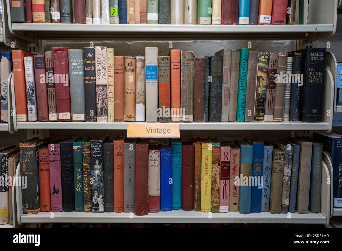 Portsmouth Virginia – 15. Februar 2025: A Rack of Vintage Used Books in a Bookstore Stockfoto