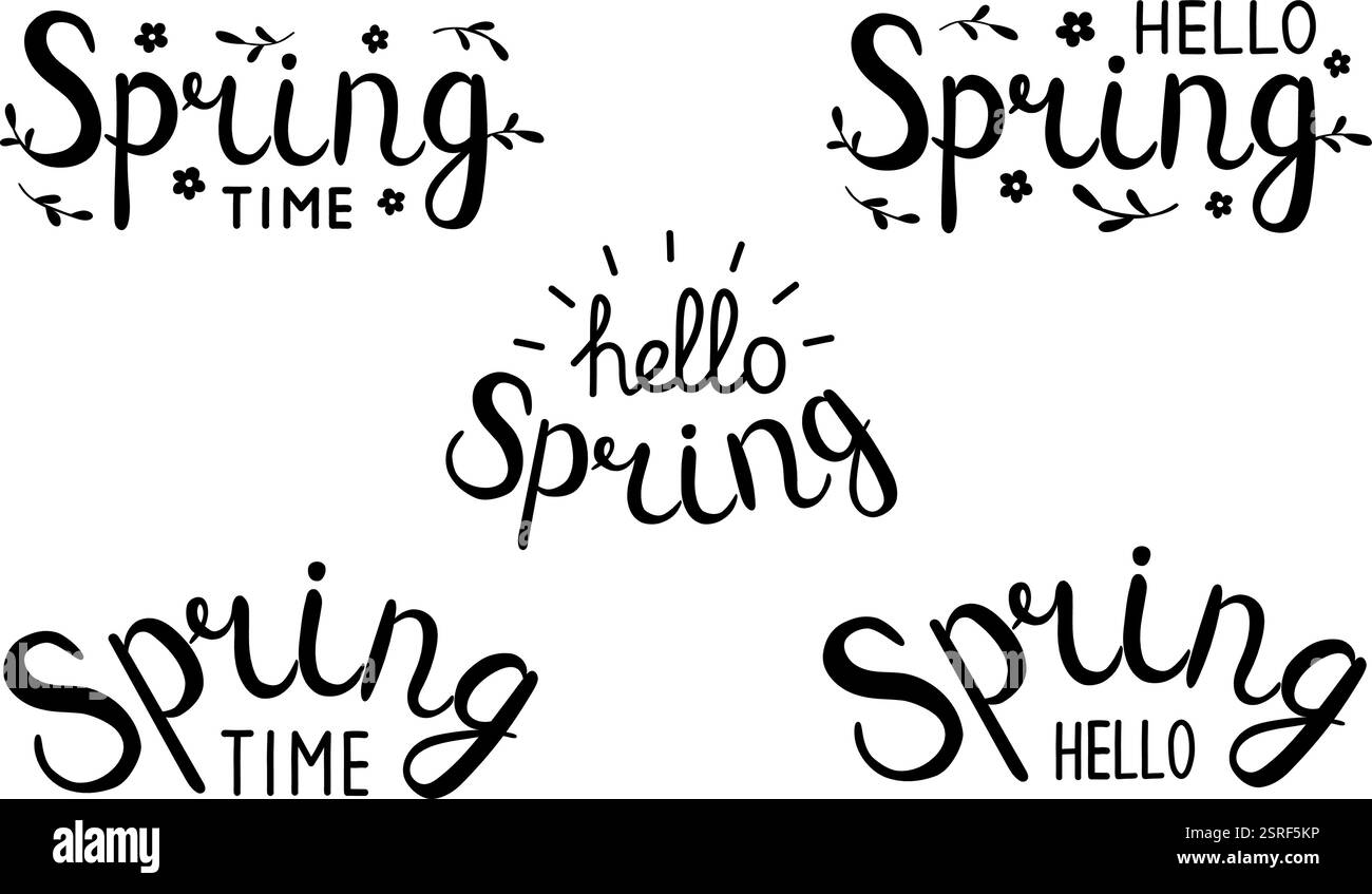 Hallo Spring and Spring Time Schrifttypografie in handgeschriebenem Stil, Vektorillustration Stock Vektor