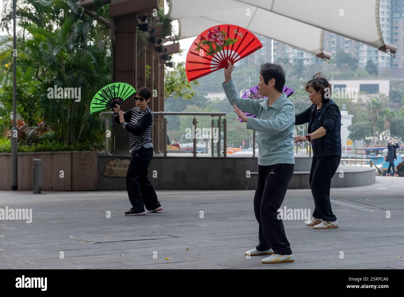 Die Tai Chi-Praxis am Morgen in Aberdeen, Süd-Hongkong. Stockfoto Die Tai Chi-Praxis am Morgen in Aberdeen, Süd-Hongkong. Stockfoto