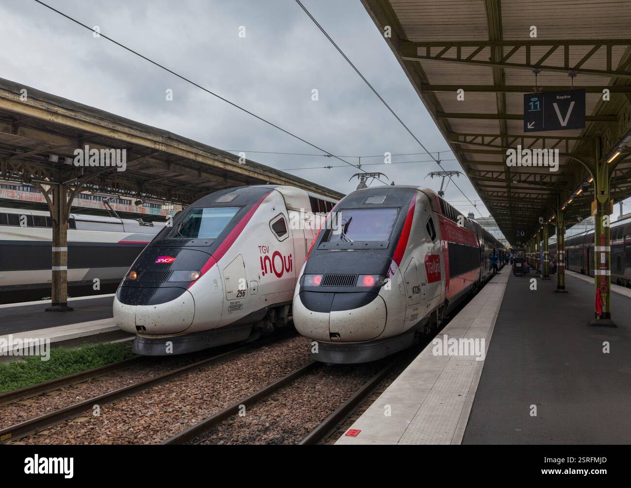 SNCF Train A grande vitesse ( TGV ) Züge am Bahnhof Paris Lyon, Frankreich, rechts ist ein TGV Lyria Euroduplex Set aus der Schweiz Stockfoto