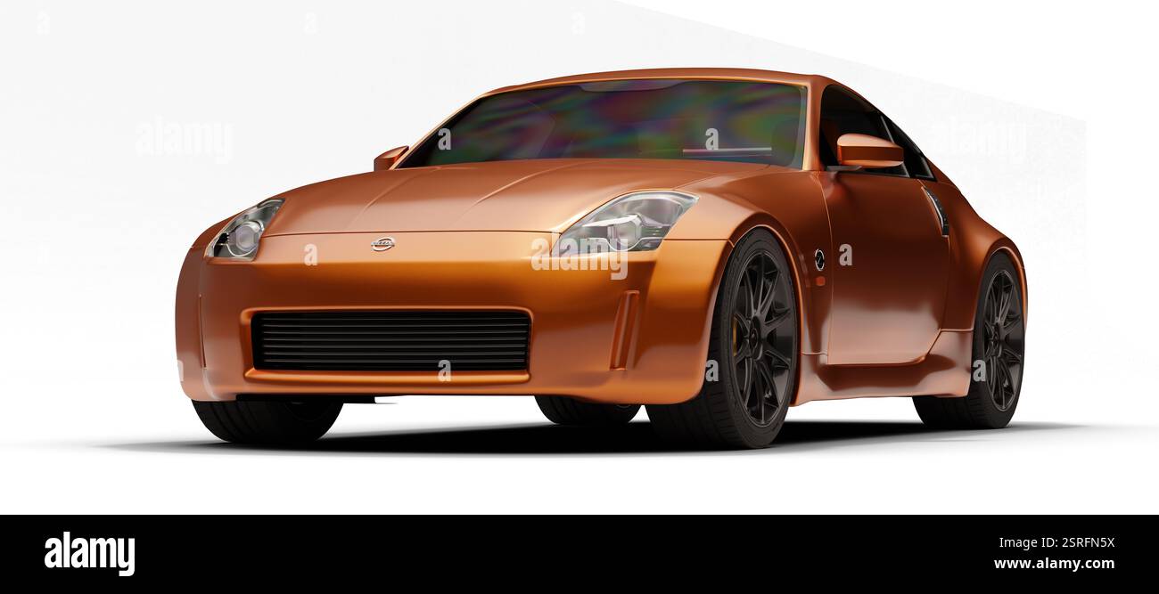 Izmir, Türkei - 15. Februar 2025: Ein 3D-gerendertes Bild eines orangen Nissan 350Z Sportwagens, das seine linke Seite und die leichte Vorderansicht vor einem sauberen zeigt Stockfoto