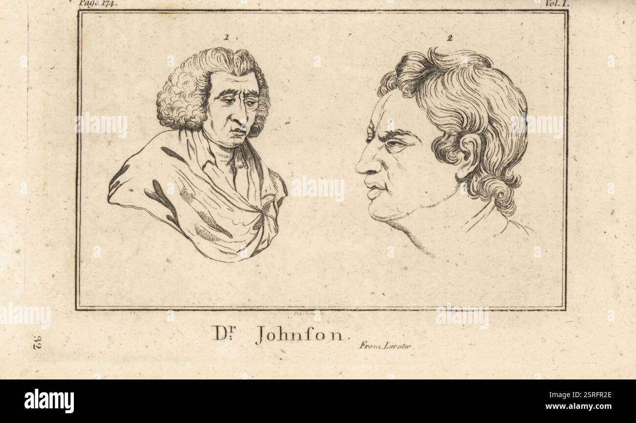 Zwei Proile-Köpfe von Dr. Johnson, englischer Schriftsteller und Lexikograf Samuel Johnson, 1709-1784. Das Gesicht eines tiefgründigen Denkers (links) und das Gesicht eines Mannes mit exquisitem Sinn (rechts). Kupferstich von John Barlow aus Pfarrer Johann Kaspar Lavater und John Grenvilles The Whole Works of Lavater on Physiognomy, W. Butters, W. Simmonds, London, 1797. Stockfoto
