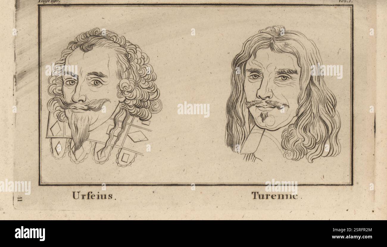 Der deutsche Gelehrte Johannes Heinrich Ursinus 1608-1667 und der französische General Henri de la Tour d’Auvergne, vicomte de Turenne 1611–1675. Kupferstich von John Barlow aus Pfarrer Johann Kaspar Lavater und John Grenvilles The Whole Works of Lavater on Physiognomy, W. Butters, W. Simmonds, London, 1797. Stockfoto