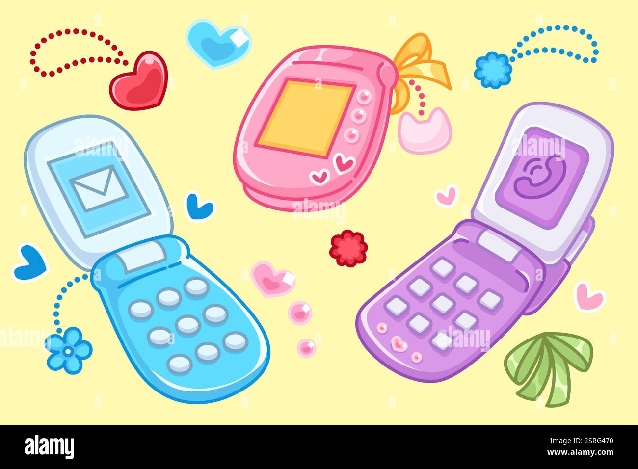 Y2K Retro-Mobiltelefone auf gelbem Hintergrund – geschlossenes rosafarbenes Gerät, lila Klapptelefon, blaues Nachrichten-Gadget mit Tasten. Nostalgischer elektronischer Devic Stock Vektor