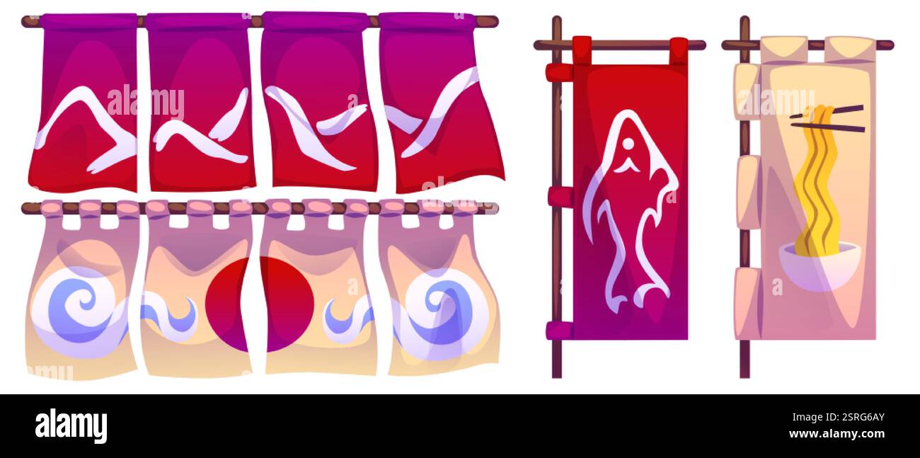 Japanische Vorhangbanner im Restaurant mit traditioneller Sonne und Wolke, Bergmustern, Ramen-Schalen und schwimmenden Koi-Fischen. Noren-Stoffdekor Stock Vektor