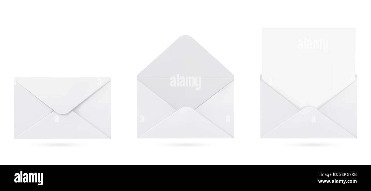 Realistischer weißer Papierumschlag aus verschiedenen Winkeln. Sauberes Modell für Ganzsachen mit Falten, glatter Oberflächenstruktur und Schatten. Leere Vorlage für Stock Vektor