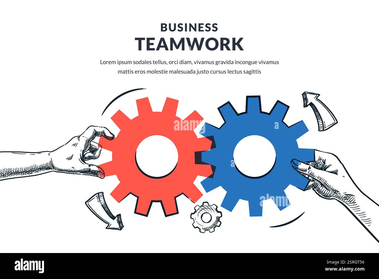 Zwei menschliche Hände verbinden Zahnräder mit mehrfarbigem Mechanismus. Vektorgrafik von Hand gezeichnet. Teamwork-Lösungen und Zusammenarbeit für Geschäftsziele. Stock Vektor