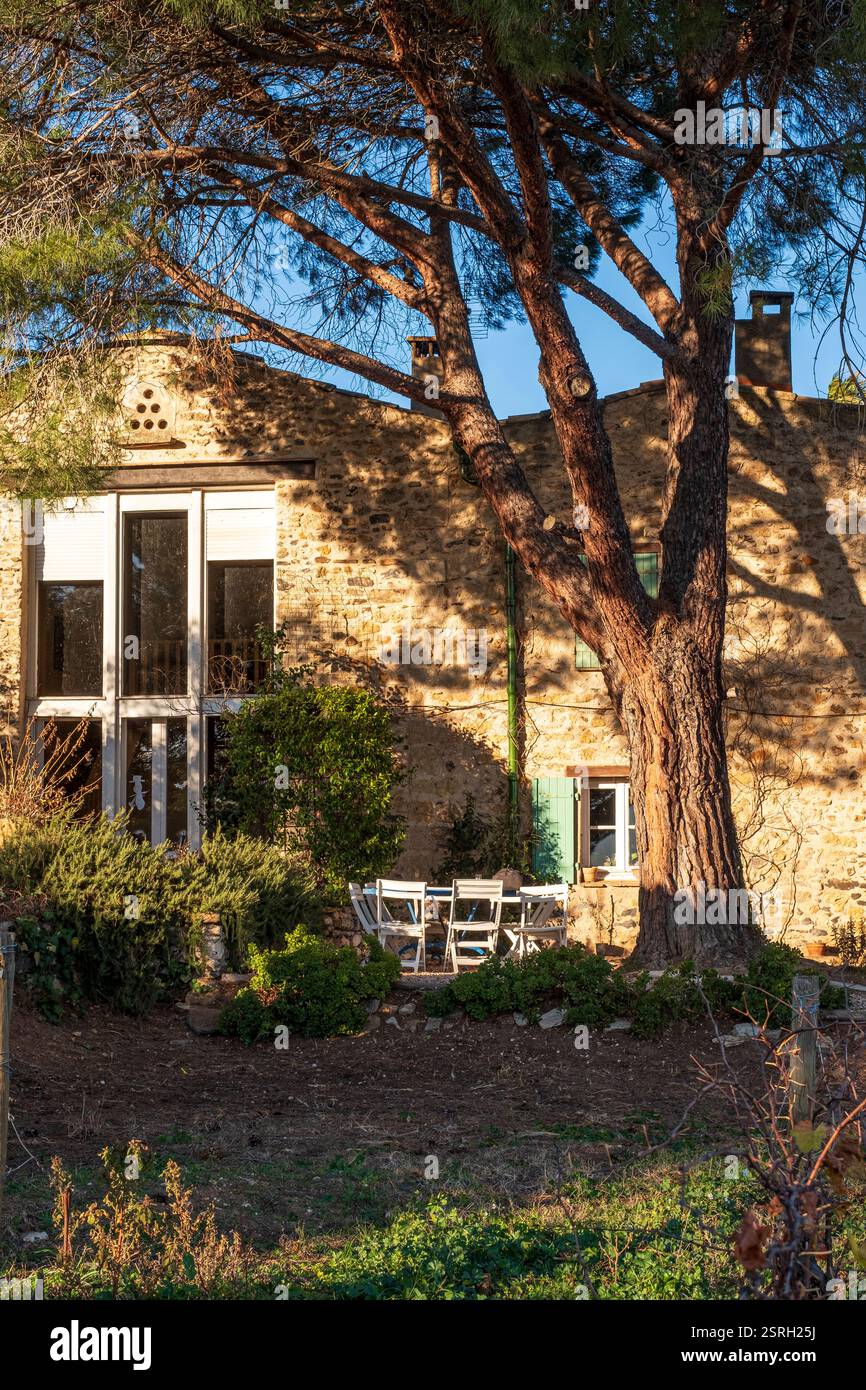 Ein charmantes Steinhaus in Pezenas, Frankreich, eingebettet im Herzen von Occitanie, zeigt die lebendige Weinkultur der Region. Stockfoto Ein charmantes Steinhaus in Pezenas, Frankreich, eingebettet im Herzen von Occitanie, zeigt die lebendige Weinkultur der Region. Stockfoto