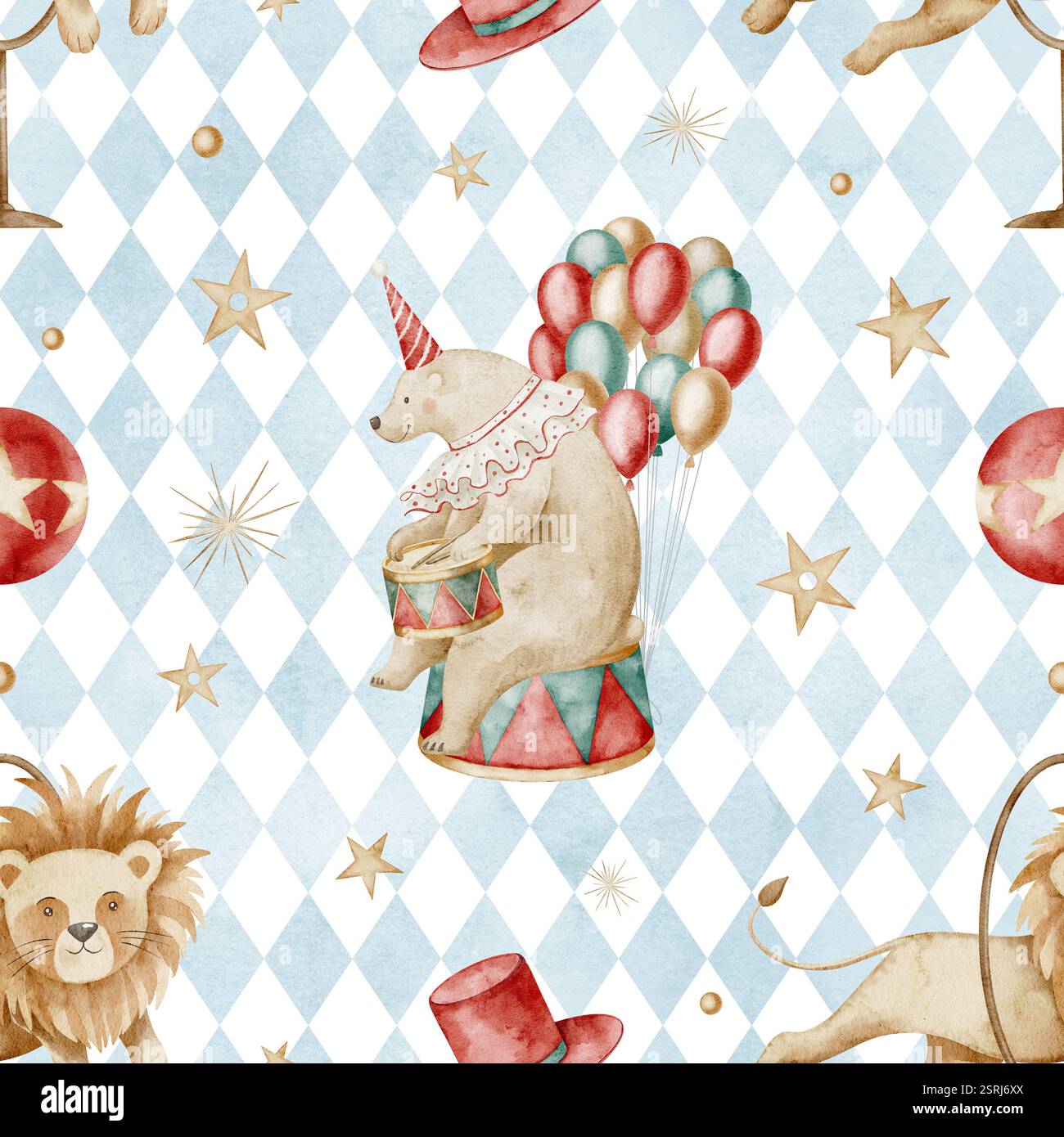 Aquarell-Zirkusmuster mit ausführendem Bären und bunten Ballons auf Hintergrund mit Rauten. Illustration mit Löwen und Sternen für Babytapete oder kindliches Geschenkpapier. Kulisse für Karneval. Stockfoto